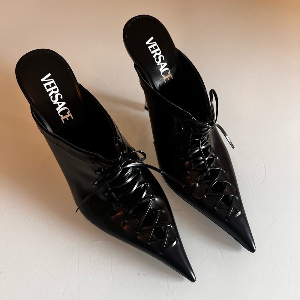 VERSACE 110mm lace-up leather pointed toe mule heels - Picture 13 of 16